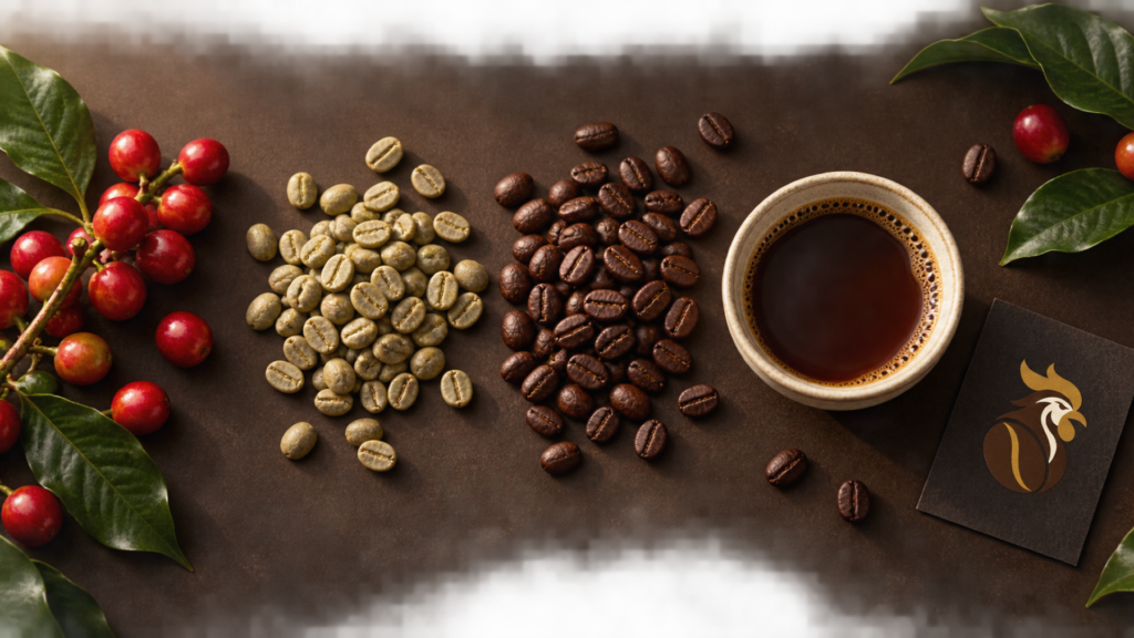 Buah kopi, green bean, roasted bean, dan secangkir kopi dengan identitas KangJago