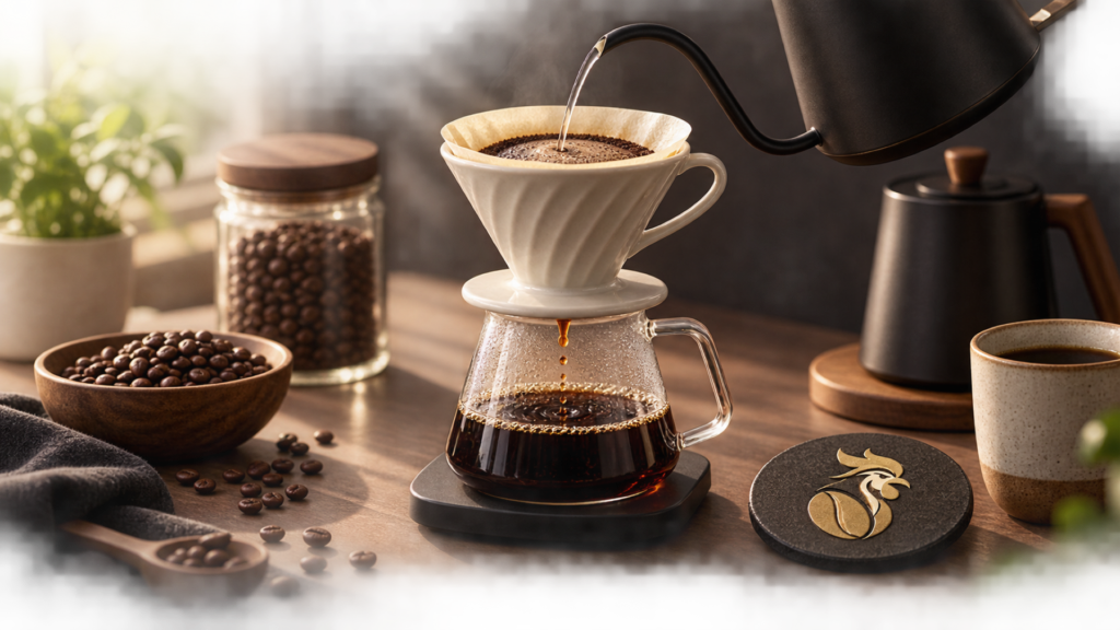 Proses menyeduh kopi manual dengan identitas KangJago